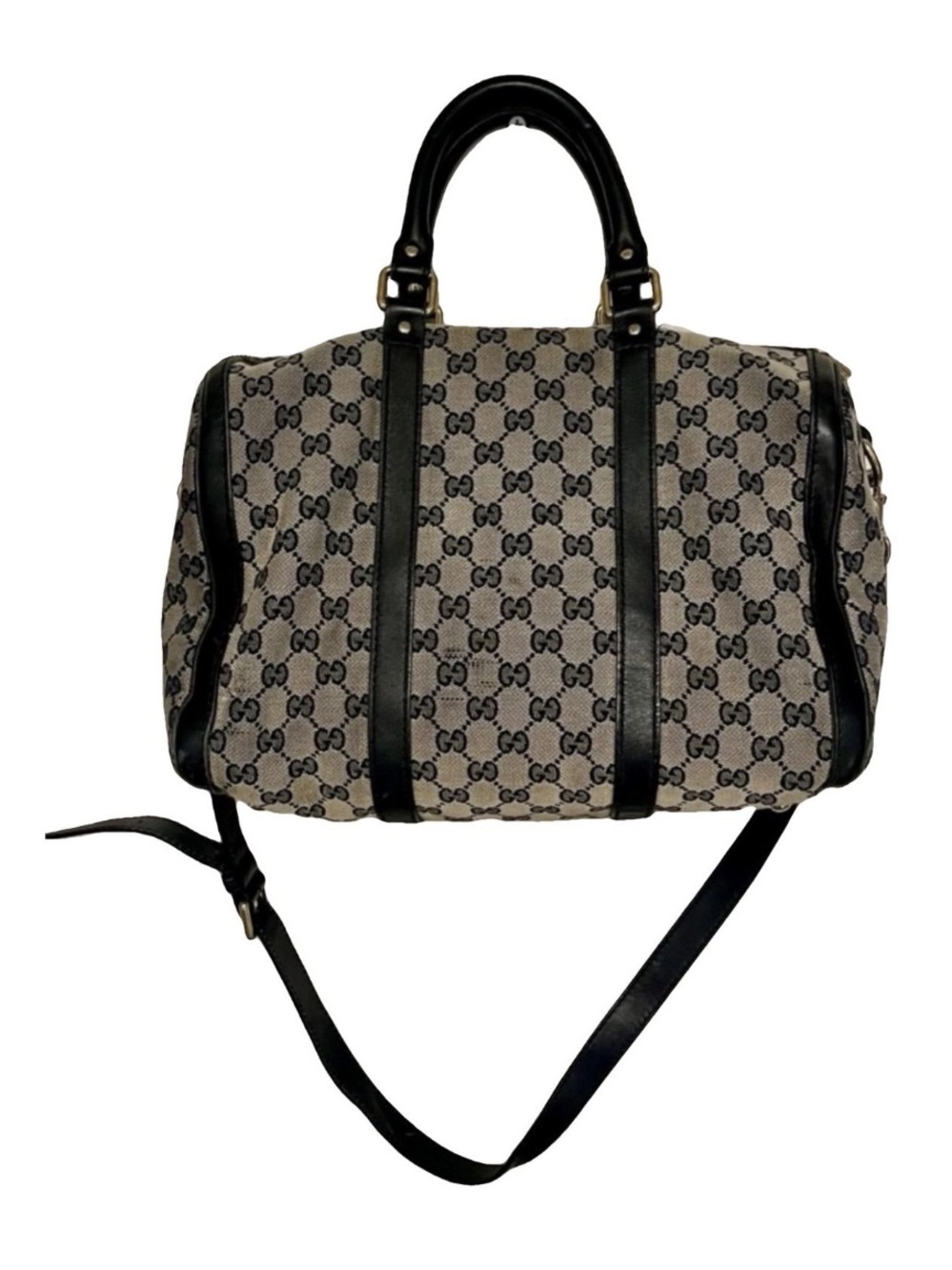 GUCCI Medium Web Boston Bag GG Canvas Leather Two-Way Navy & Beige VTG w/ Insert